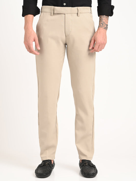 Textured Polyester Trousers Beige
