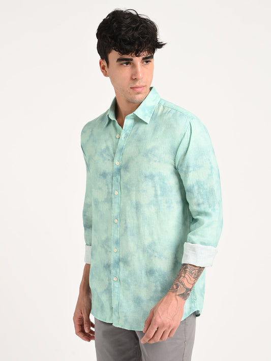 Digital Print Linen Blend Shirt Sky blue