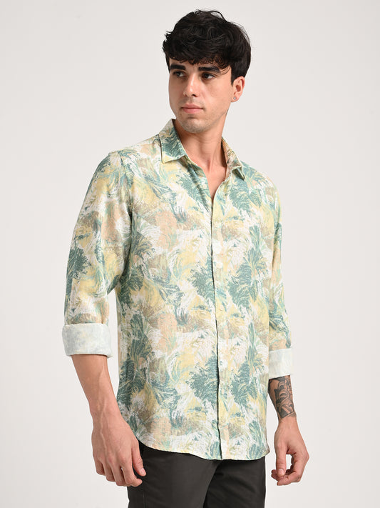 Digital Print Linen Blend Shirt Cream