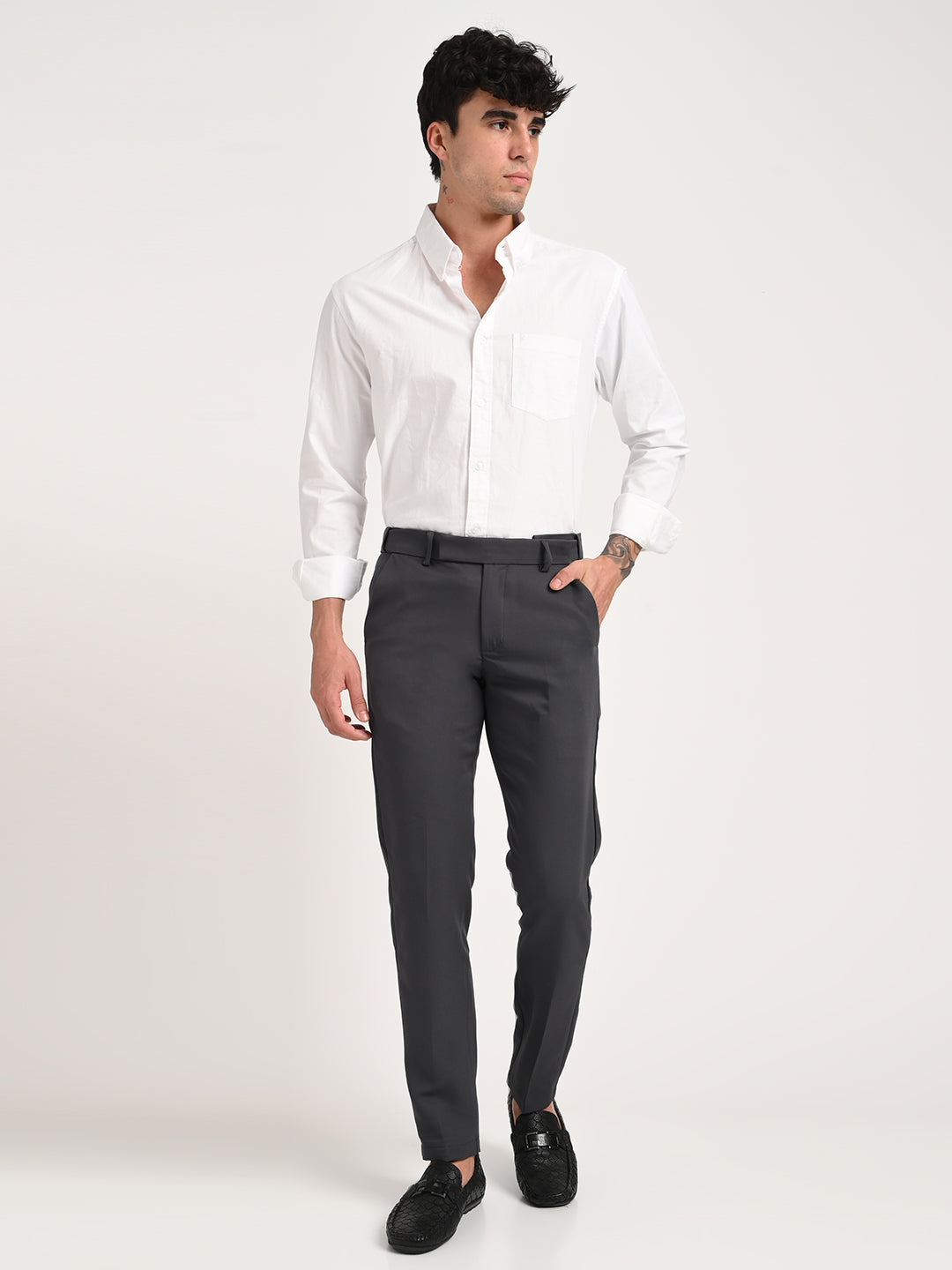 Textured Polyester Trousers Dk Grey
