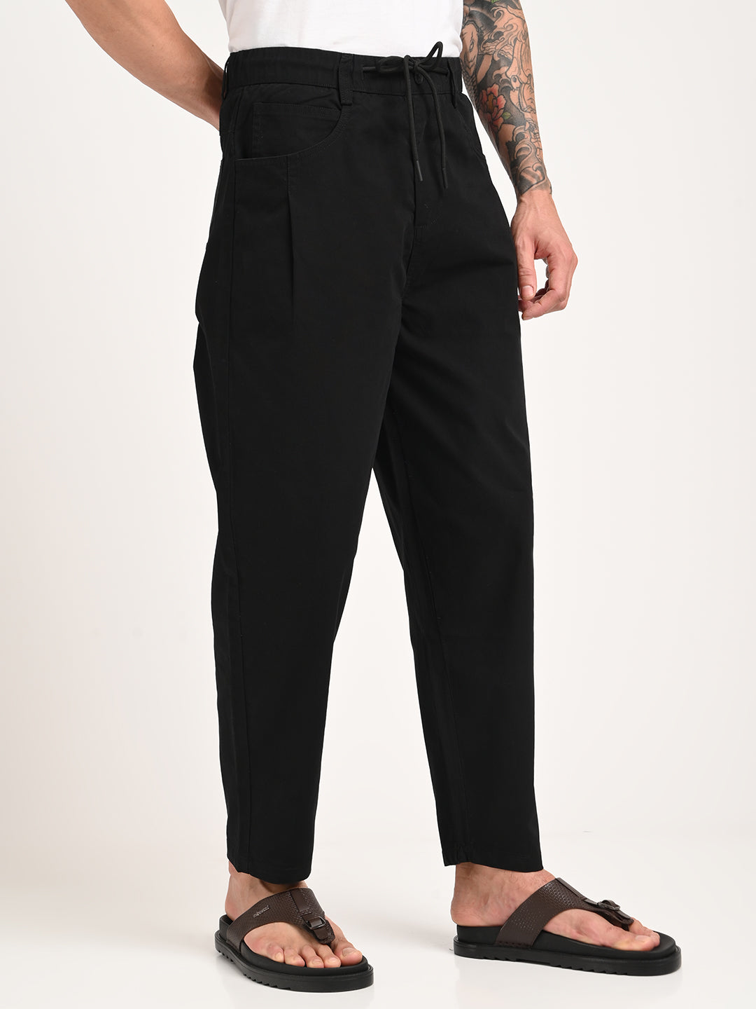 Relaxed Cotton Trousers with Drawcord Black