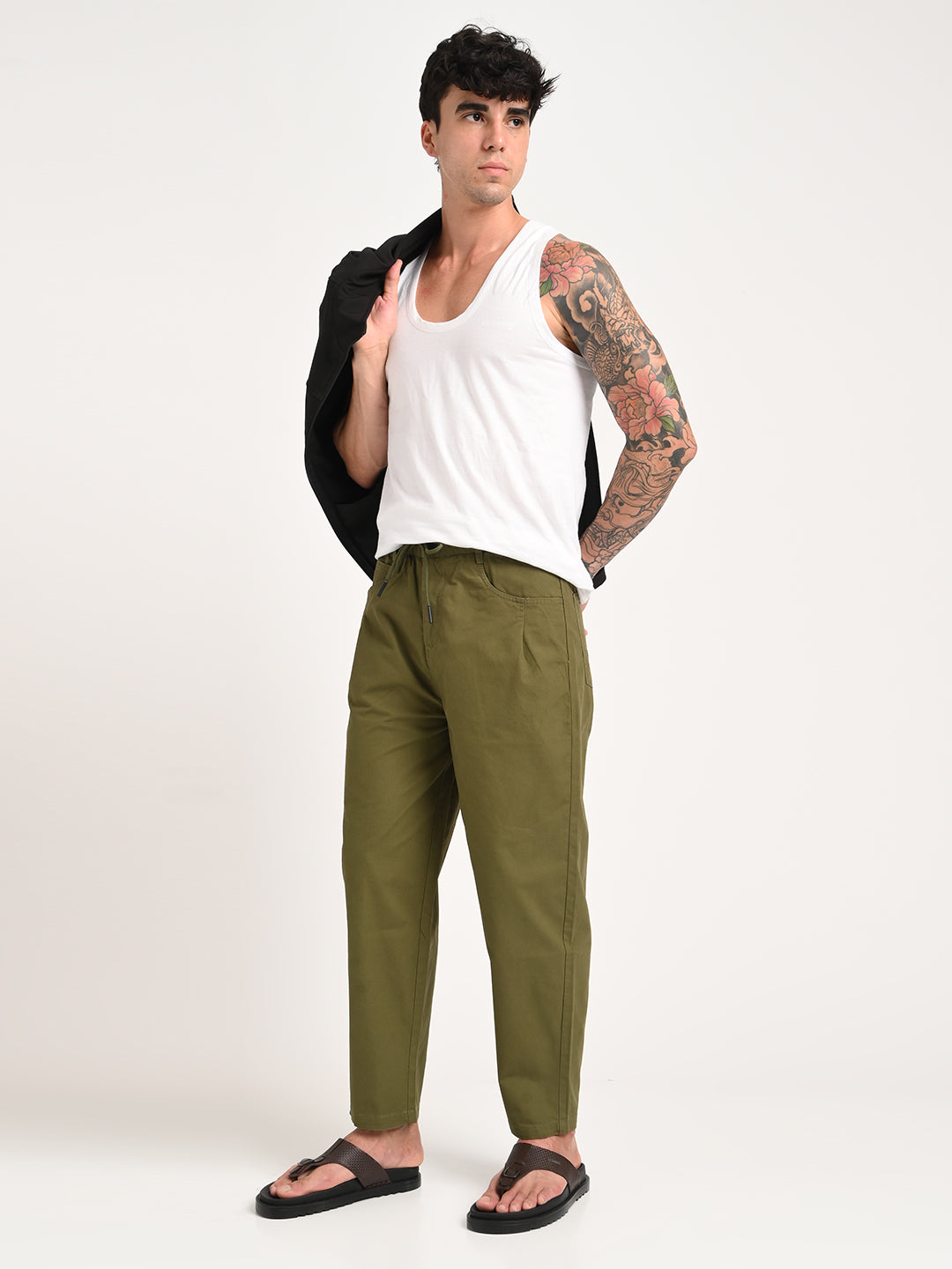 Relaxed Cotton Trousers with Drawcord Green