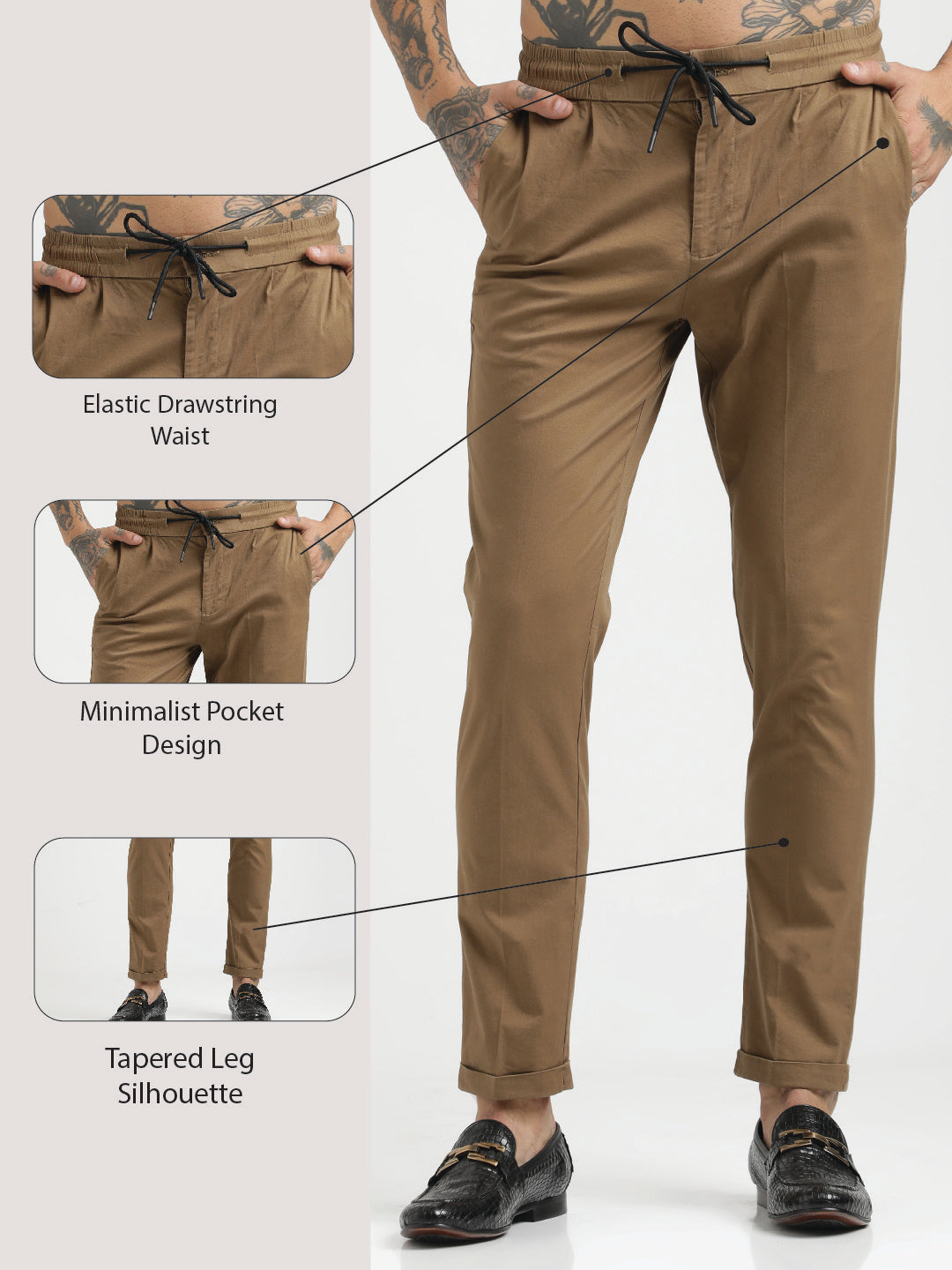 Cotton Drawstring Trousers with Pockets Khaki