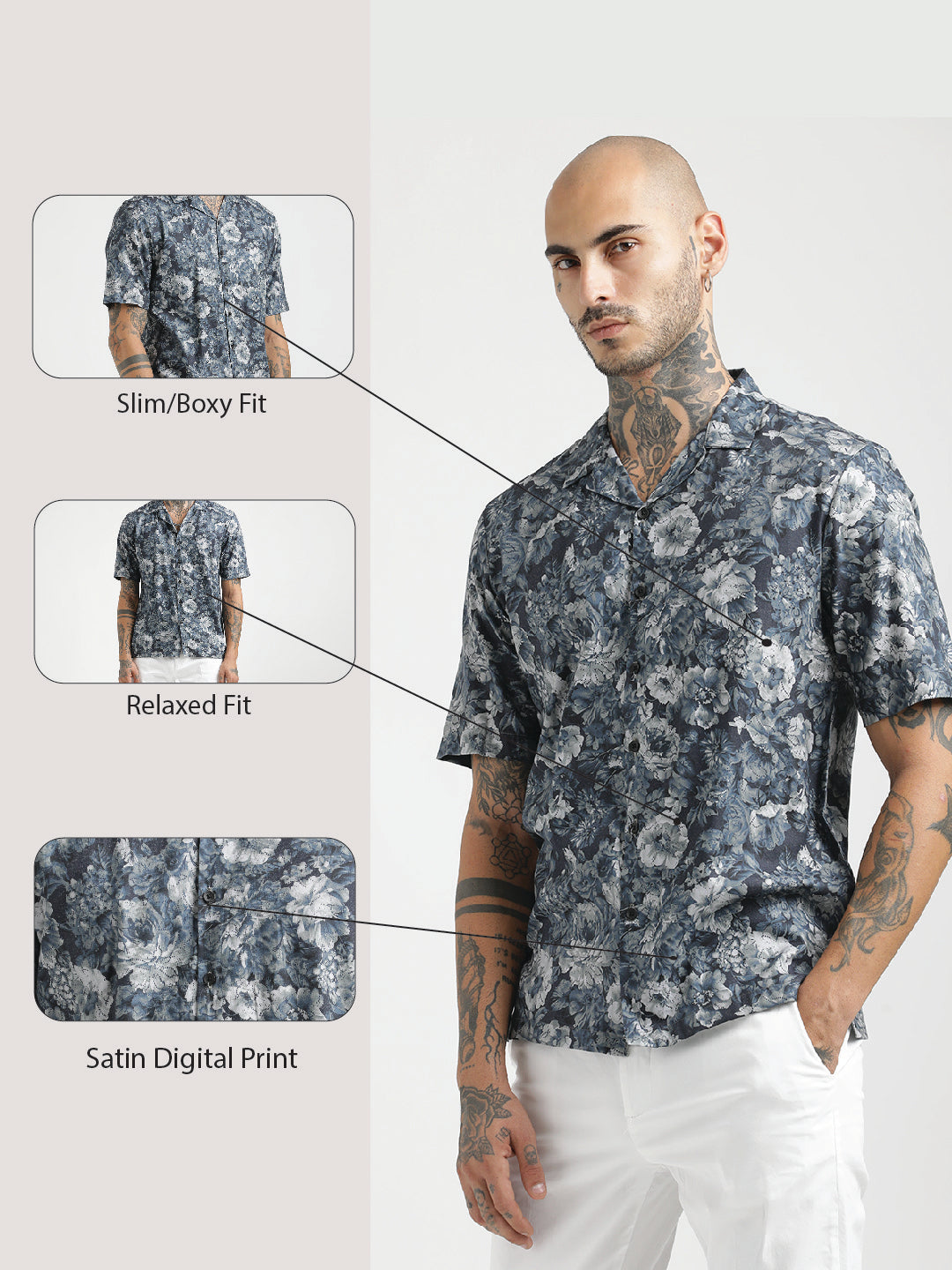 Printed Cotton Satin Shirt Navy