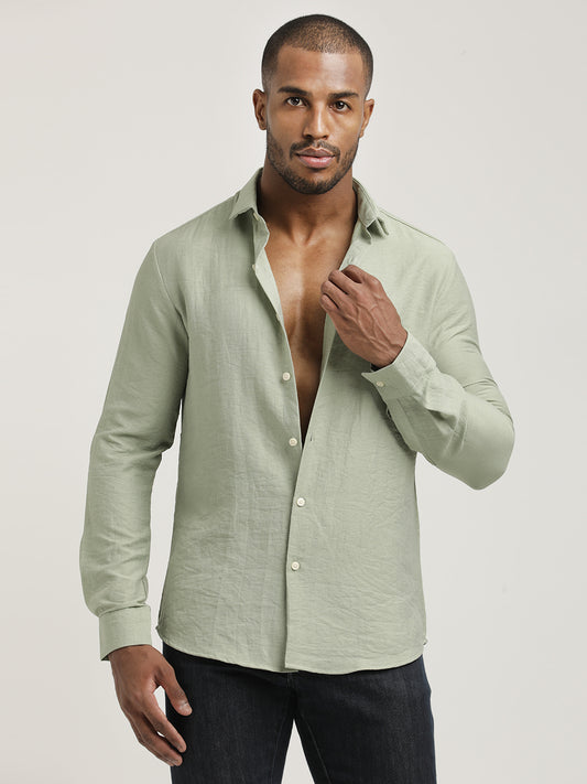 Slim Fit Nylon Shirt with Linen Look Green