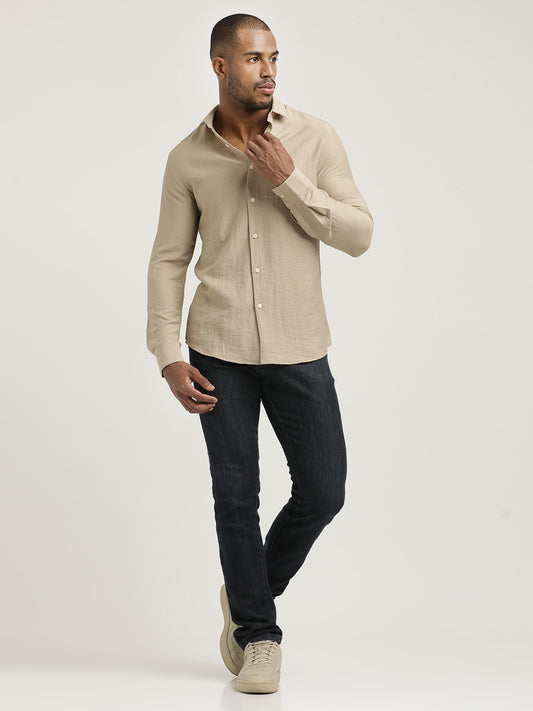 Slim Fit Nylon Shirt with Linen Look Cream