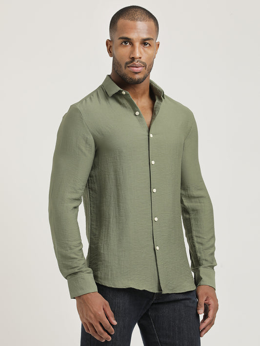 Slim Fit Nylon Shirt with Linen Look Olive
