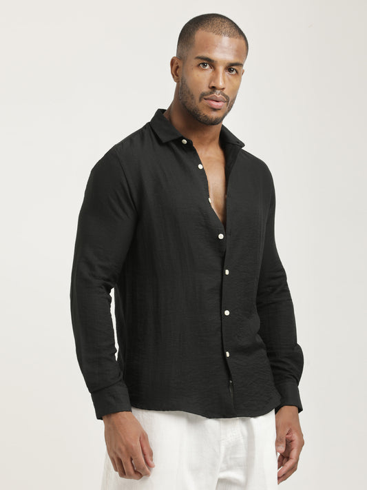 Slim Fit Nylon Shirt with Linen Look Black