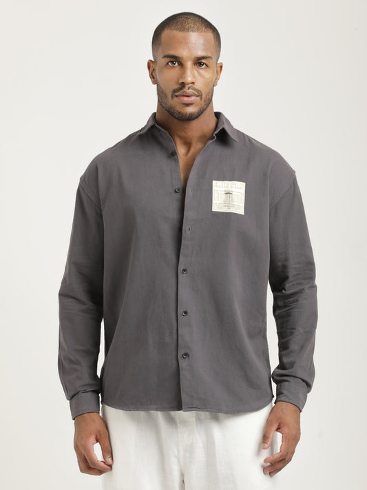 Slim Fit Cotton Shirt with Graphic Stickers Dk Grey