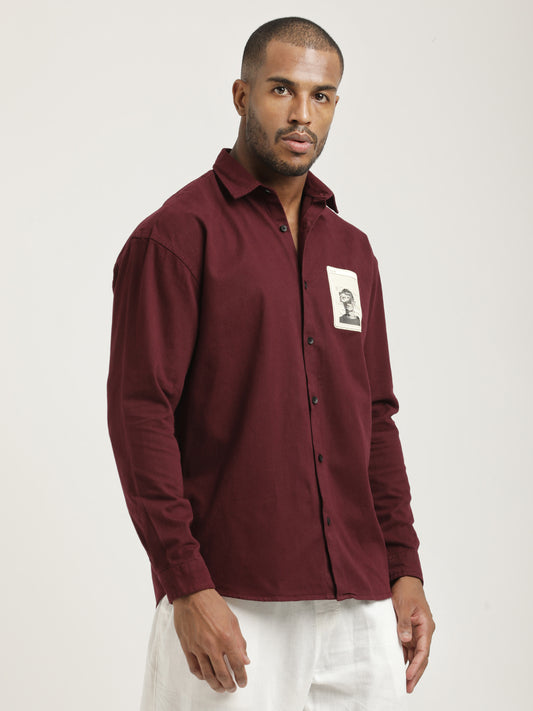Slim Fit Cotton Shirt with Graphic Stickers Maroon