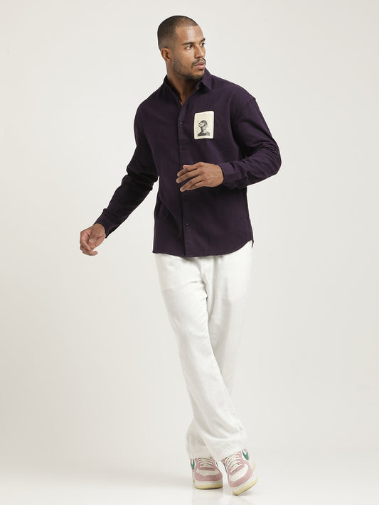 Slim Fit Cotton Shirt with Graphic Stickers Indigo