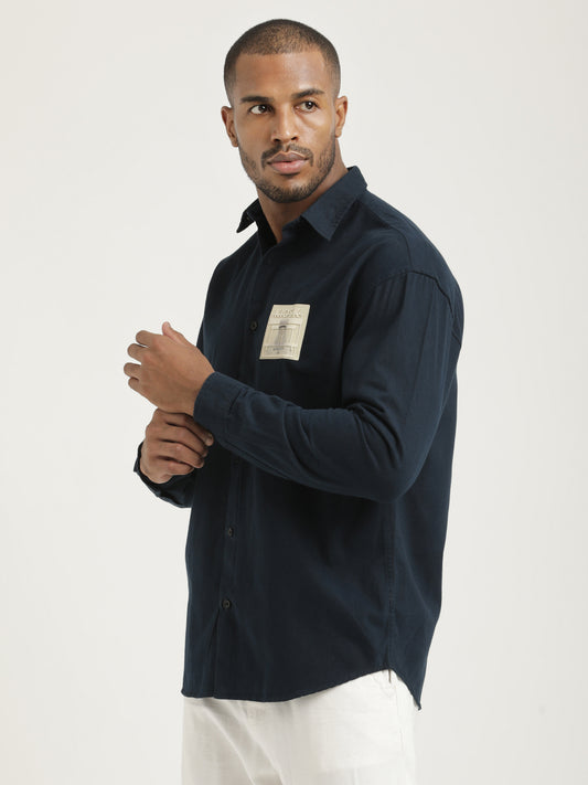 Slim Fit Cotton Shirt with Graphic Stickers Navy