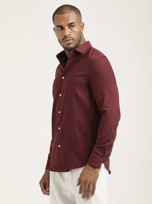 Slim Fit Cotton-Poly Lycra Blend Shirt Maroon