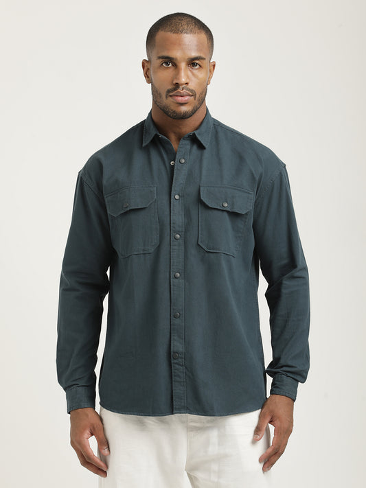 Casual Fit Cotton Shirt with Double Pockets Green