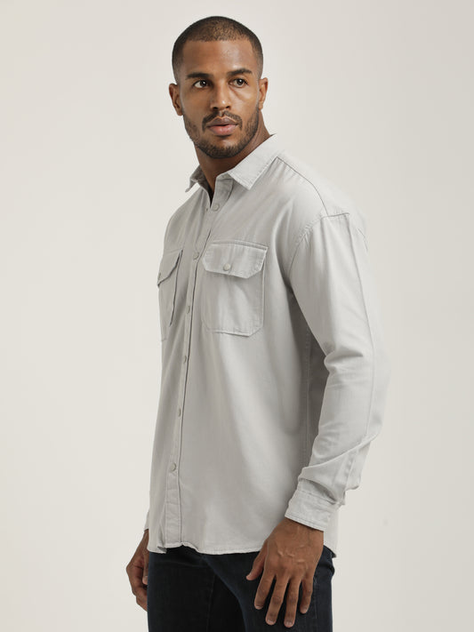 Casual Fit Cotton Shirt with Double Pockets Off White