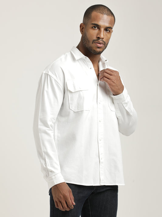 Casual Fit Cotton Shirt with Double Pockets White