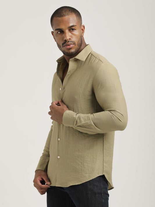 Slim Fit Nylon Shirt with Linen Look Khaki
