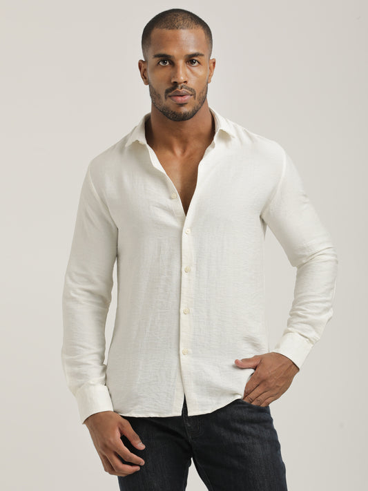 Slim Fit Nylon Shirt with Linen Look Off White