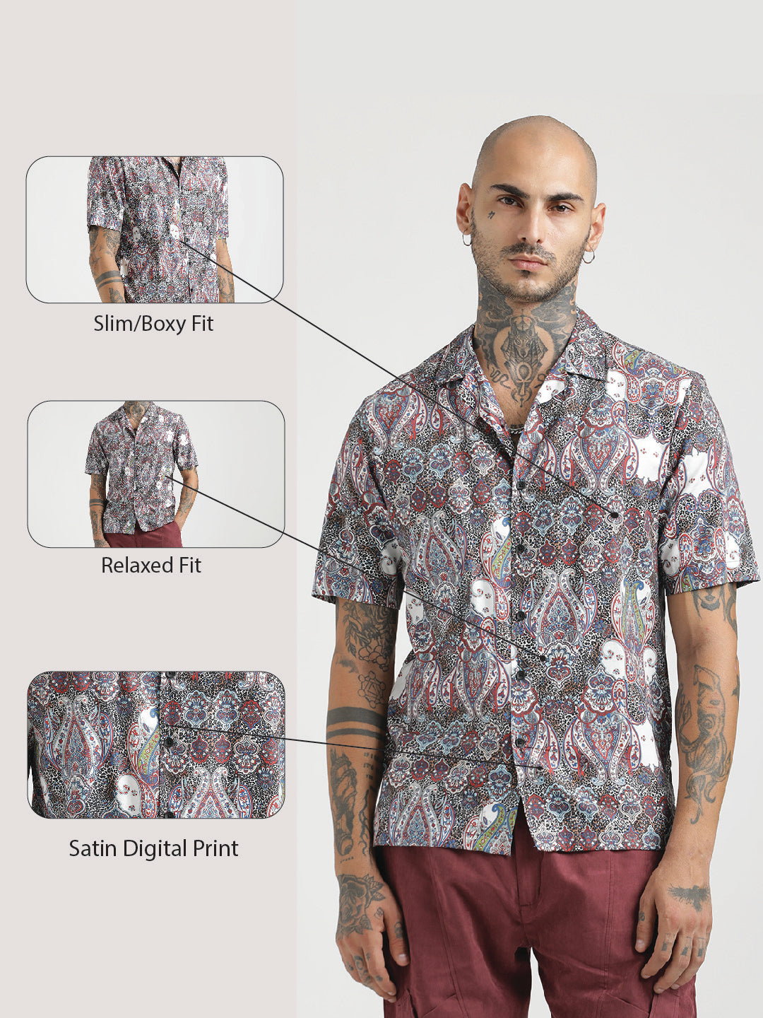Printed Cotton Satin Shirt Maroon