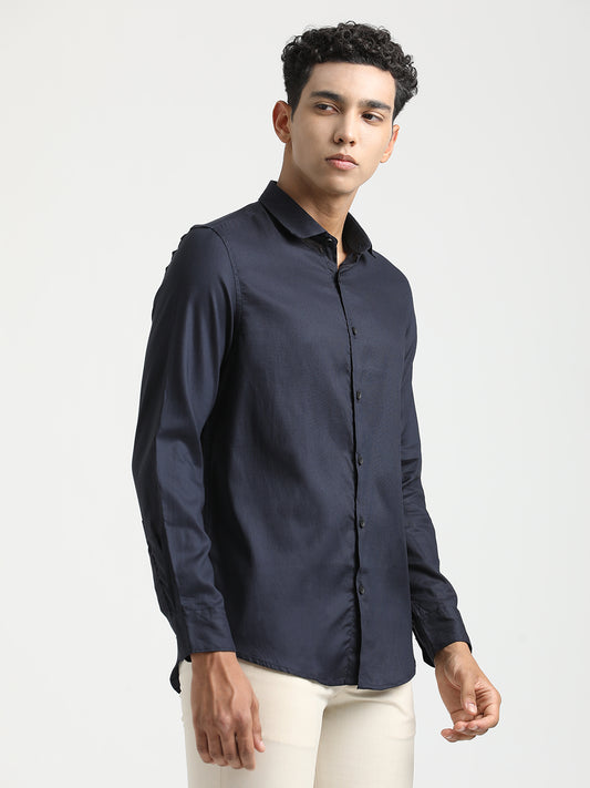 Textured Cotton Shirt with Dobby Weave Navy