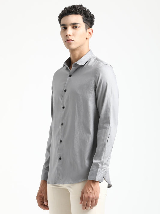 Textured Cotton Shirt with Dobby Weave Grey