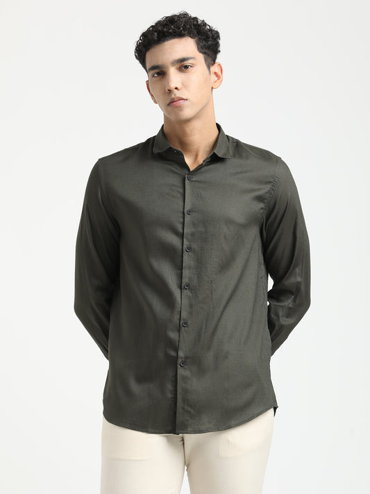 Textured Cotton Shirt with Dobby Weave Olive
