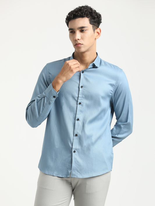 Textured Cotton Shirt with Dobby Weave Lt blue