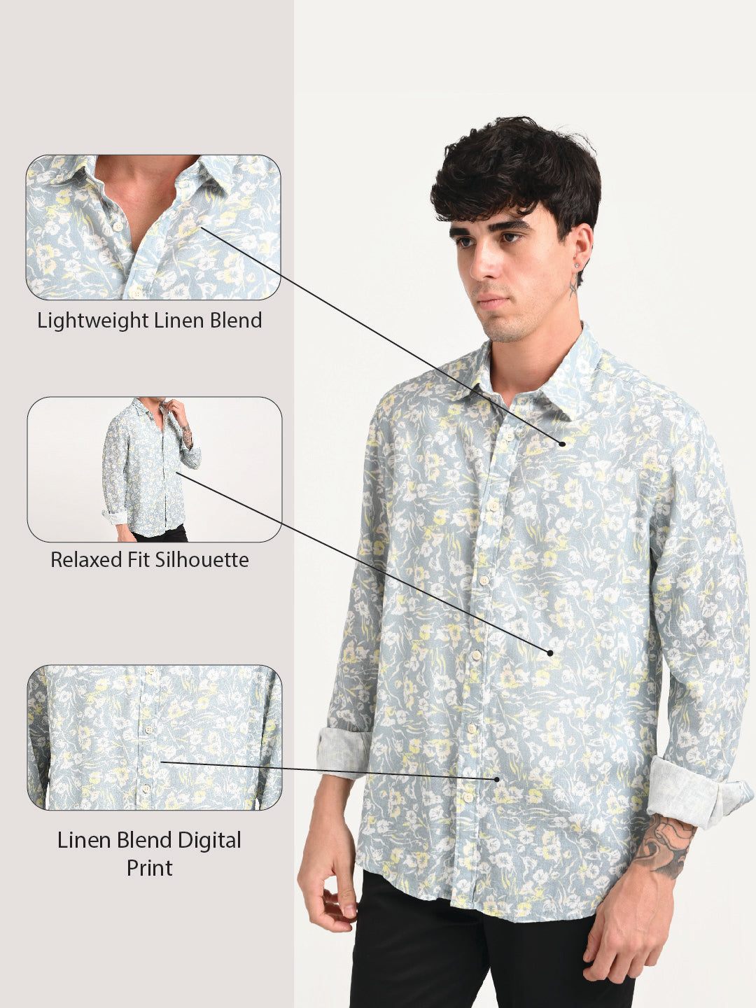 Digital Print Linen Blend Shirt Grey
