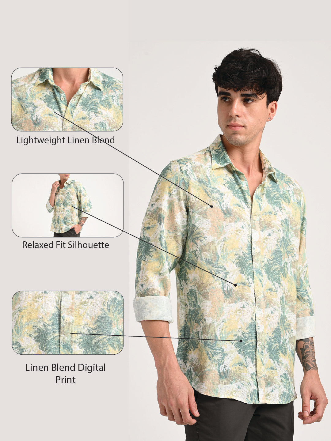 Digital Print Linen Blend Shirt Cream