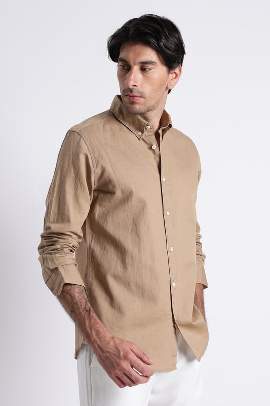 Premium Cotton Linen Slim Fit Solid Shirt Beige