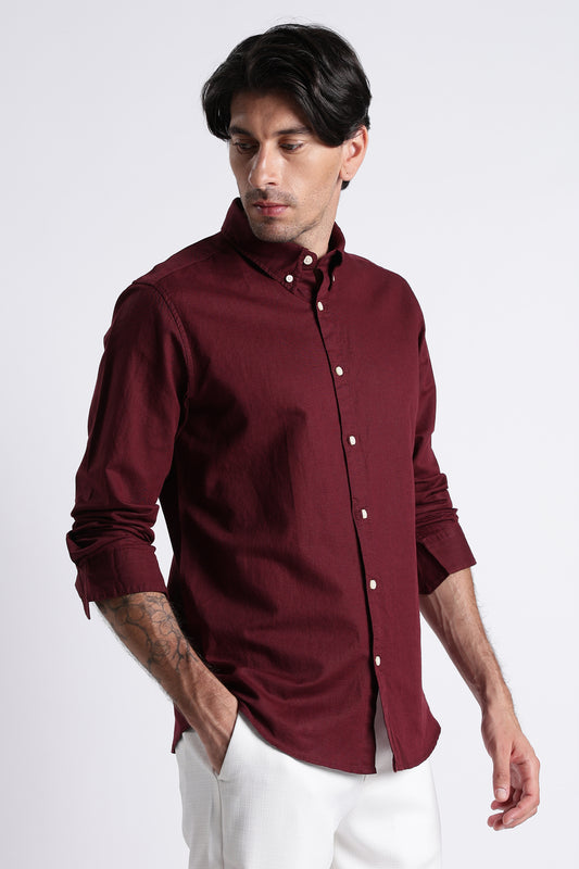 Premium Cotton Linen Slim Fit Solid Shirt Maroon
