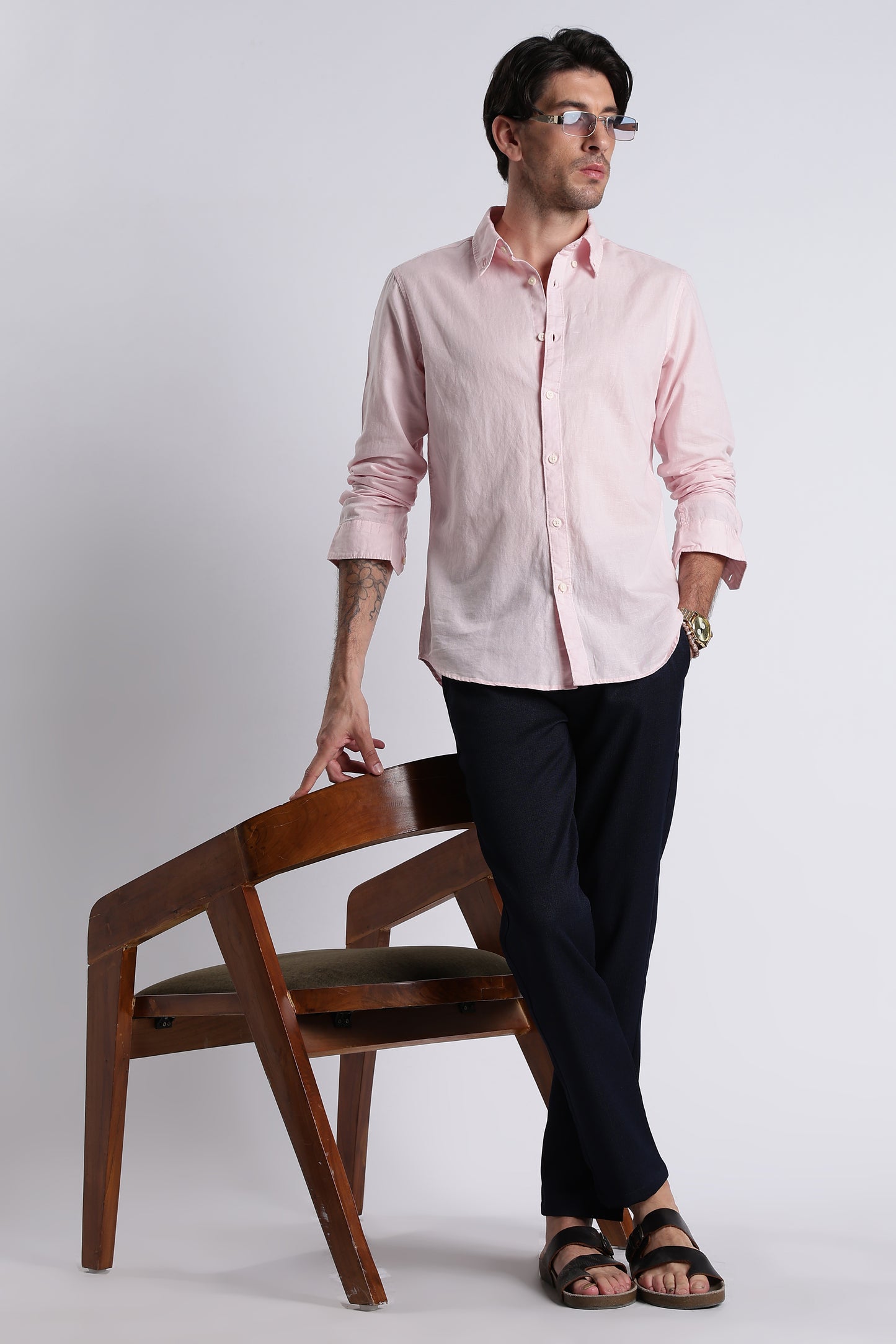 Premium Cotton Linen Slim Fit Solid Shirt Pink