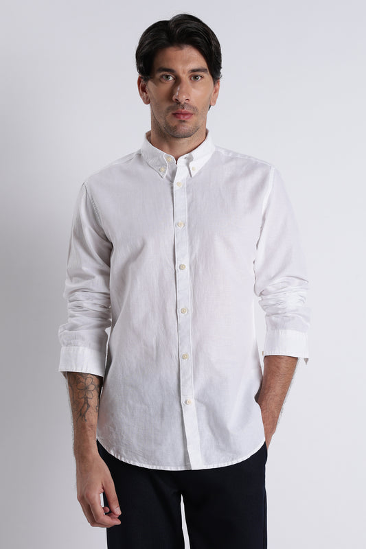 Premium Cotton Linen Slim Fit Solid Shirt White