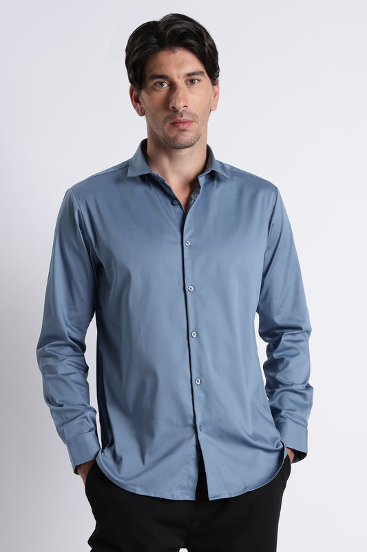Refined Satin Finish Slim Fit Shirt Blue