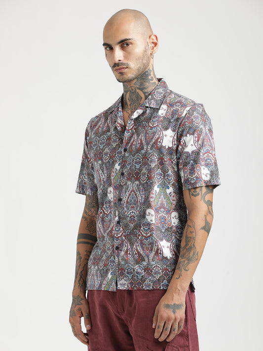 Printed Cotton Satin Shirt Maroon