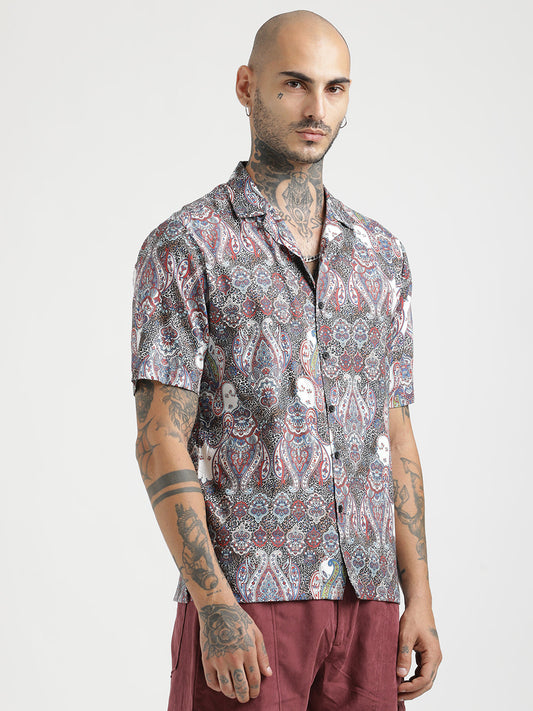 Printed Cotton Satin Shirt Maroon