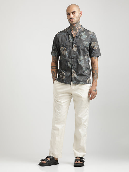 Printed Cotton Satin Shirt Dk grey