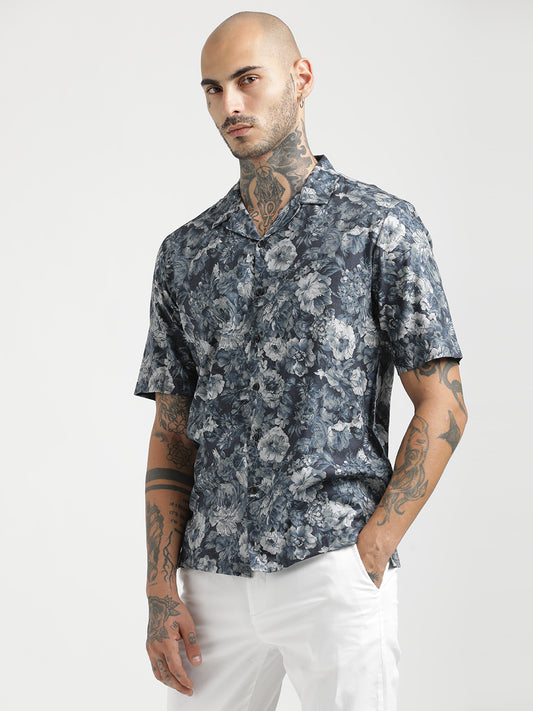 Printed Cotton Satin Shirt Navy