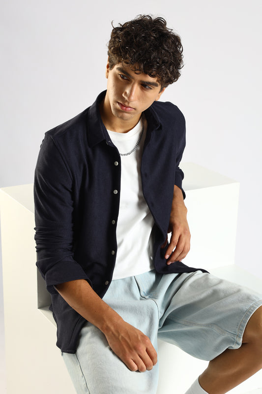 Textured Poly Knit Shirt Navy