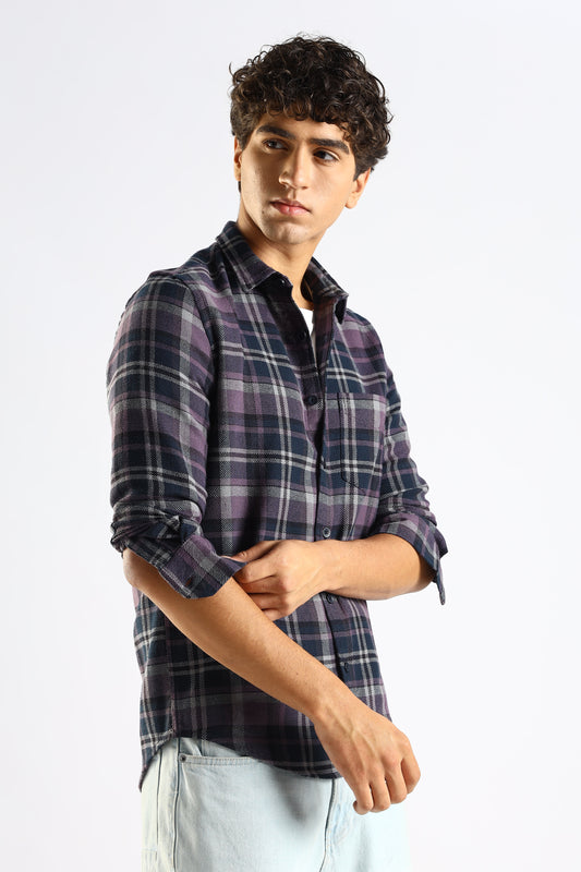 Cotton Blend Checked Shirt Navy