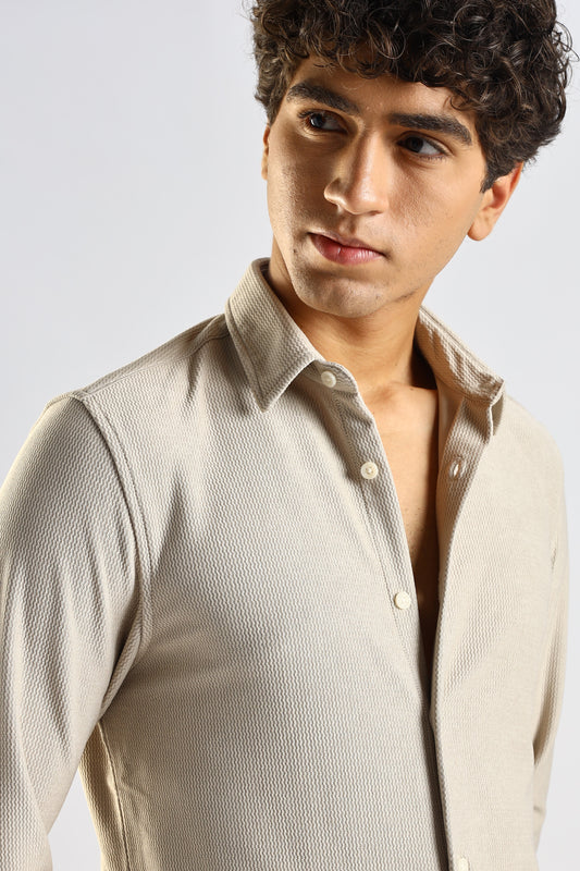 Textured Poly Knit Shirt Cream