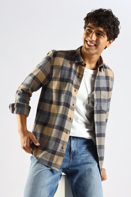 Cotton Blend Checked Shirt Grey