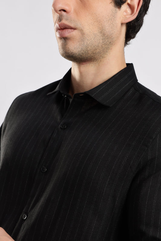Cotton Slim Fit Striped Glitter Shirt Black