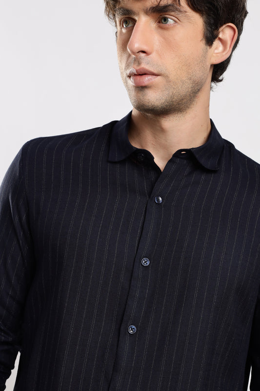Cotton Slim Fit Striped Glitter Shirt Navy