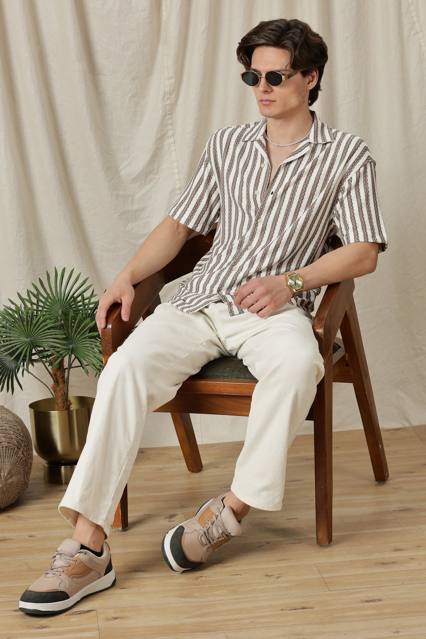 Loose Fit Textured Casual Shirt Brown