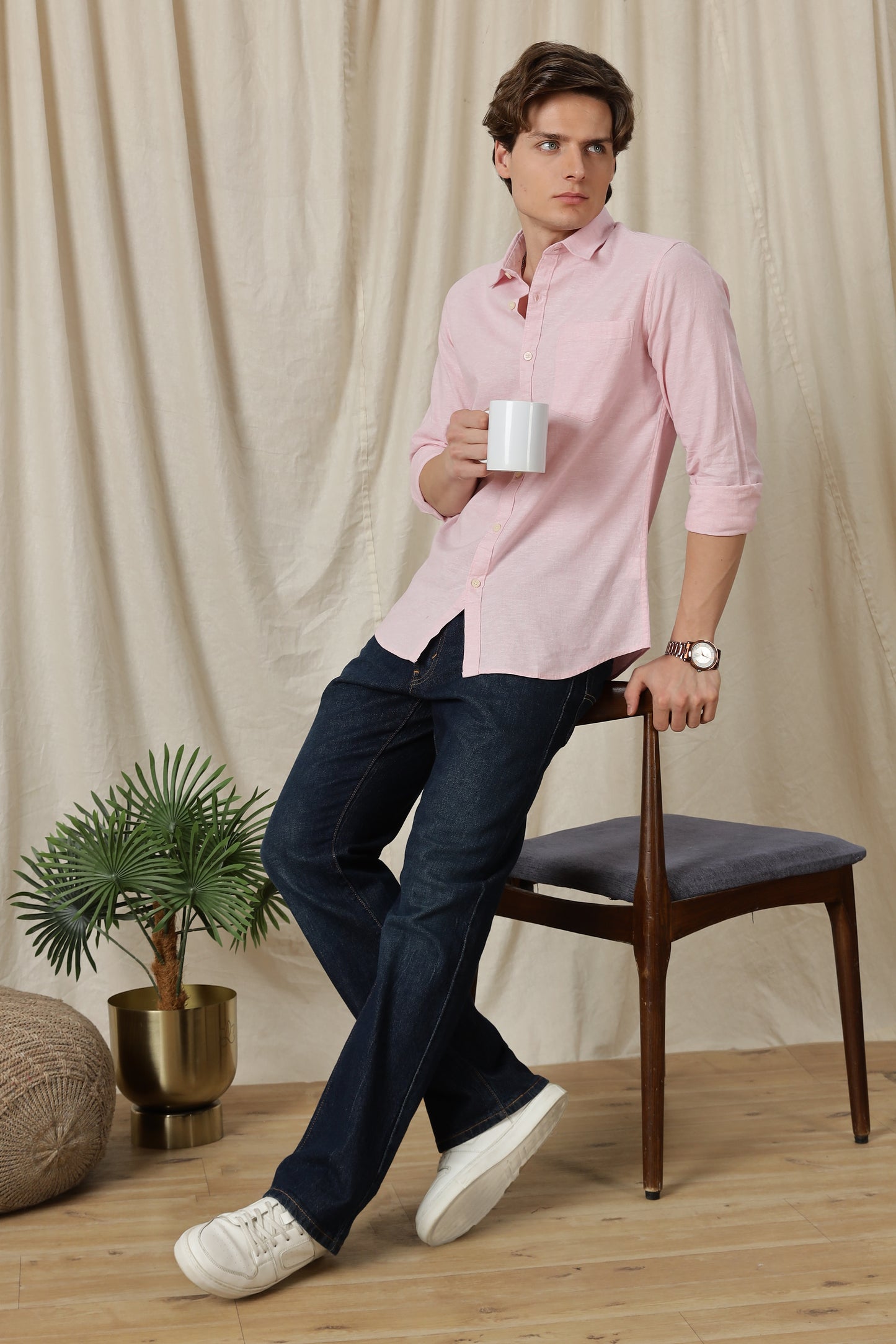 Linen Solid Casual Shirt Pink