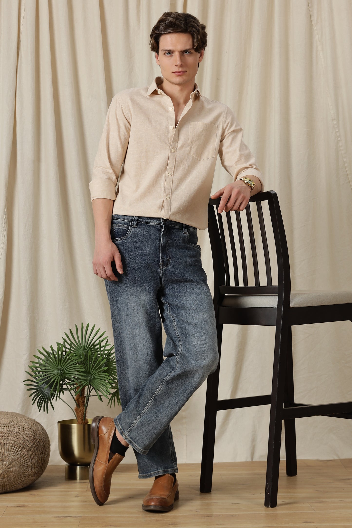 Linen Solid Casual Shirt Beige