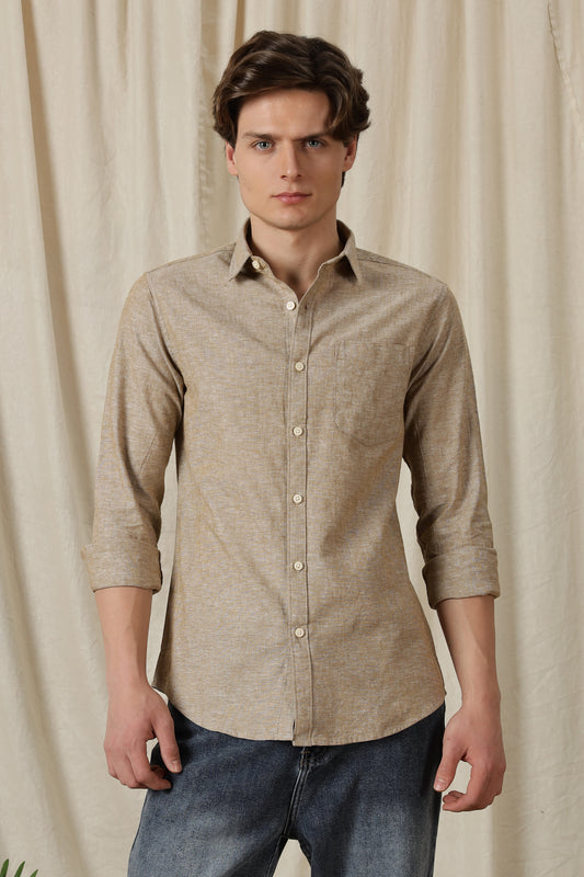 Linen Solid Casual Shirt Brown