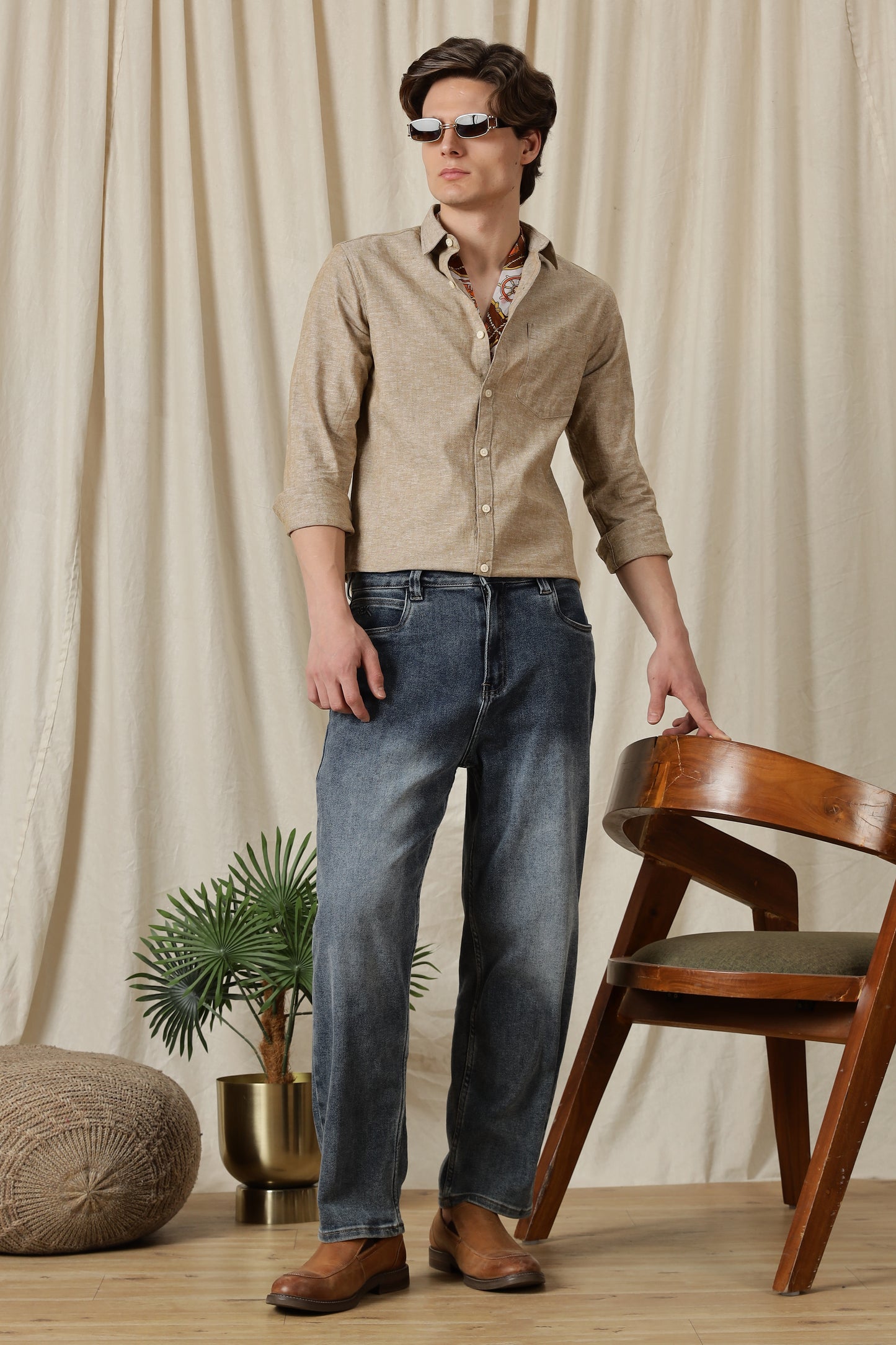 Linen Solid Casual Shirt Brown