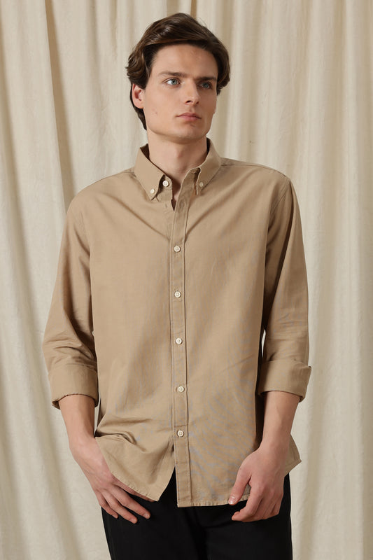 Classic Button-Down Solid Casual Shirt Beige